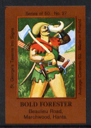 Match Box Labels - Bold Forester (Outlaw) (No.27 from a series of 50 Pub signs) dark brown background, very fine unused condition (St George's Taverns), stamps on , stamps on  stamps on archery, stamps on  stamps on  axe , stamps on  stamps on sword