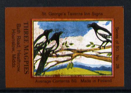 Match Box Labels - Magpies (No.28 from a series of 50 Pub signs) dark brown background, very fine unused condition (St George's Taverns), stamps on magpies, stamps on birds