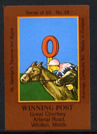 Match Box Labels - Winning Post (No.29 from a series of 50 Pub signs) dark brown background, very fine unused condition (St Georges Taverns), stamps on horses, stamps on horse racing