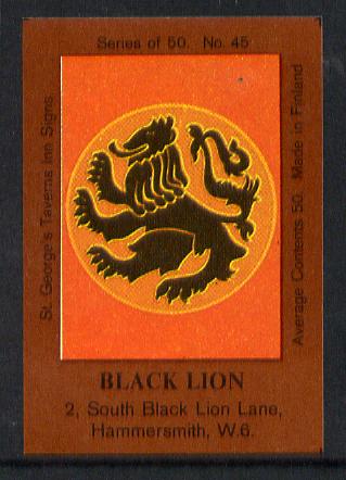 Match Box Labels - Black Lion (No.45 from a series of 50 Pub signs) dark brown background, very fine unused condition (St George's Taverns), stamps on , stamps on  stamps on lions    cats