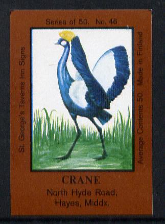 Match Box Labels - Crane (No.46 from a series of 50 Pub signs) dark brown background, very fine unused condition (St Georges Taverns), stamps on cranes    birds