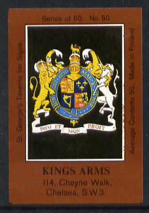 Match Box Labels - Kings Arms (No.50 from a series of 50 Pub signs) dark brown background, very fine unused condition (St George's Taverns), stamps on , stamps on  stamps on royalty, stamps on  stamps on arms, stamps on  stamps on heraldry