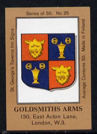 Match Box Labels - Goldsmith's Arms (No.25 from a series of 50 Pub signs) light brown background, very fine unused condition (St George's Taverns), stamps on gold     heraldry, stamps on arms