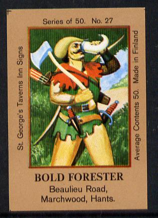 Match Box Labels - Bold Forester (Outlaw) (No.27 from a series of 50 Pub signs) light brown background, very fine unused condition (St George's Taverns), stamps on , stamps on  stamps on archery, stamps on  stamps on  axe , stamps on  stamps on sword