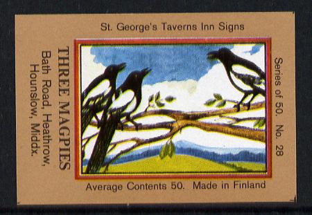 Match Box Labels - Magpies (No.28 from a series of 50 Pub signs) light brown background, very fine unused condition (St George's Taverns), stamps on magpies, stamps on birds