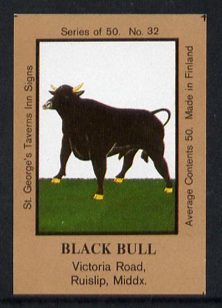 Match Box Labels - Black Bull (No.32 from a series of 50 Pub signs) light brown background, very fine unused condition (St George's Taverns), stamps on , stamps on  stamps on bulls, stamps on  stamps on cattle, stamps on  stamps on bovine