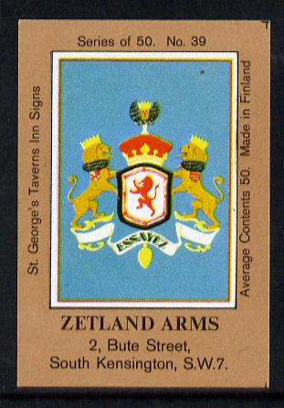 Match Box Labels - Zetland Arms (No.39 from a series of 50 Pub signs) light brown background, very fine unused condition (St George's Taverns), stamps on , stamps on  stamps on heraldry, stamps on  stamps on arms