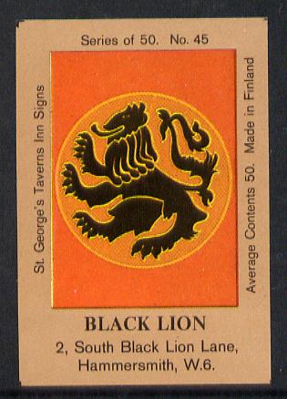 Match Box Labels - Black Lion (No.45 from a series of 50 Pub signs) light brown background, very fine unused condition (St George's Taverns), stamps on , stamps on  stamps on lions    cats