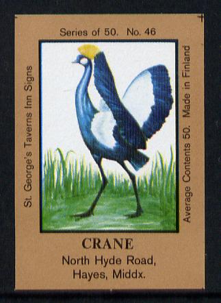 Match Box Labels - Crane (No.46 from a series of 50 Pub signs) light brown background, very fine unused condition (St Georges Taverns), stamps on cranes    birds