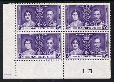 Mauritius 1937 KG6 Coronation 5c corner plate block of 4 (plate 1B) unmounted mint (Coronation plate blocks are rare) SG 249, stamps on coronation, stamps on royalty, stamps on  kg6 , stamps on 