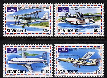 St Vincent 1982 50th Anniversary of Airmail Services set of 4 unmounted mint SG 7-2-05, stamps on aviation, stamps on  dh , stamps on britten norman, stamps on grumman, stamps on hawker siddeley  