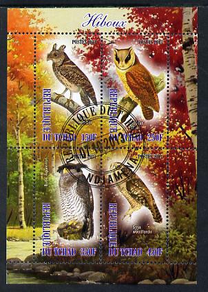 Chad 2013 Birds - Owls #2 perf sheetlet containing 4 values fine cto used, stamps on birds, stamps on birds of prey, stamps on owls