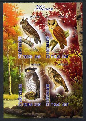 Chad 2013 Birds - Owls #2 imperf sheetlet containing 4 values unmounted mint, stamps on , stamps on  stamps on birds, stamps on  stamps on birds of prey, stamps on  stamps on owls