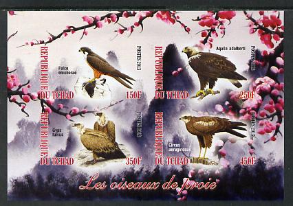 Chad 2013 Birds of Prey imperf sheetlet containing 4 values unmounted mint, stamps on , stamps on  stamps on birds, stamps on  stamps on birds of prey, stamps on  stamps on 