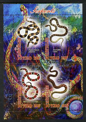 Chad 2013 Snakes perf sheetlet containing 4 values unmounted mint, stamps on , stamps on  stamps on reptiles, stamps on  stamps on snakes