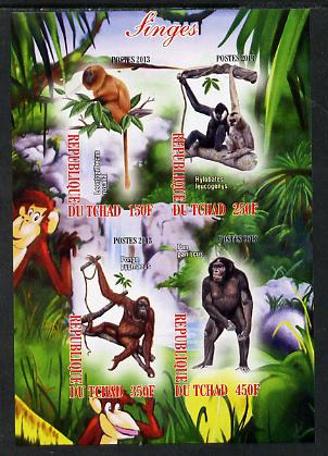 Chad 2013 Apes imperf sheetlet containing 4 values unmounted mint, stamps on animals, stamps on apes, stamps on primates, stamps on monkeys