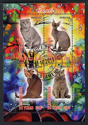 Chad 2013 Domestic Cats #2 perf sheetlet containing 4 values fine cto used, stamps on , stamps on  stamps on cats