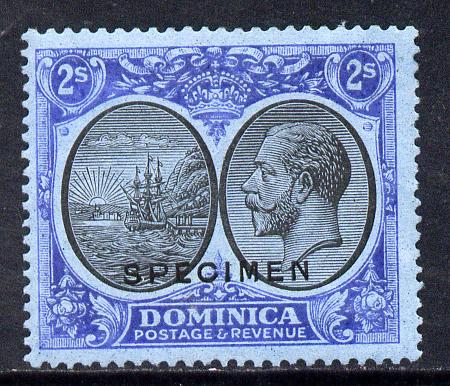 Dominica 1923-33 KG5 Badge 2s black & blue on blue overprinted SPECIMEN with gum and only about 400 produced SG 84s