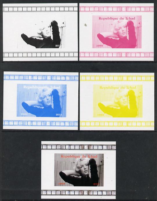 Chad 2013 Marilyn Monroe #1 individual deluxe sheetlet - the set of 5 imperf progressive colour proofs comprising the 4 basic colours plus all 4-colour composite unmounte..., stamps on personalities, stamps on films, stamps on cinema, stamps on movies, stamps on music, stamps on marilyn, stamps on monroe