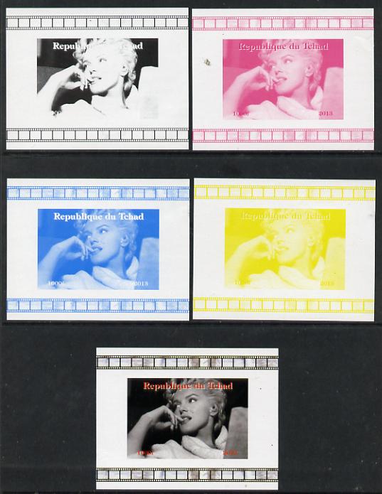 Chad 2013 Marilyn Monroe #2 individual deluxe sheetlet - the set of 5 imperf progressive colour proofs comprising the 4 basic colours plus all 4-colour composite unmounted mint, stamps on , stamps on  stamps on personalities, stamps on  stamps on films, stamps on  stamps on cinema, stamps on  stamps on movies, stamps on  stamps on music, stamps on  stamps on marilyn, stamps on  stamps on monroe