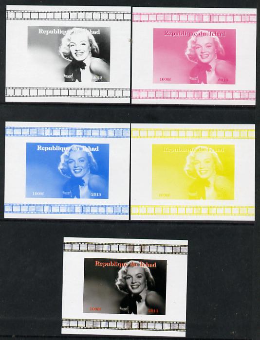 Chad 2013 Marilyn Monroe #3 individual deluxe sheetlet - the set of 5 imperf progressive colour proofs comprising the 4 basic colours plus all 4-colour composite unmounted mint, stamps on , stamps on  stamps on personalities, stamps on  stamps on films, stamps on  stamps on cinema, stamps on  stamps on movies, stamps on  stamps on music, stamps on  stamps on marilyn, stamps on  stamps on monroe