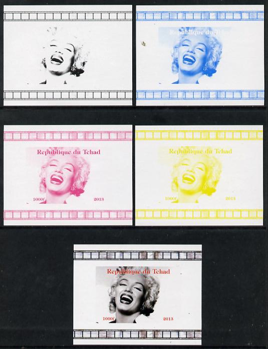 Chad 2013 Marilyn Monroe #4 individual deluxe sheetlet - the set of 5 imperf progressive colour proofs comprising the 4 basic colours plus all 4-colour composite unmounted mint, stamps on , stamps on  stamps on personalities, stamps on  stamps on films, stamps on  stamps on cinema, stamps on  stamps on movies, stamps on  stamps on music, stamps on  stamps on marilyn, stamps on  stamps on monroe