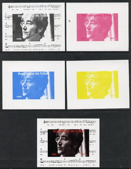 Chad 2013 The Beatles - John Lennon #1 individual deluxe sheetlet - the set of 5 imperf progressive colour proofs comprising the 4 basic colours plus all 4-colour composite unmounted mint, stamps on , stamps on  stamps on personalities, stamps on  stamps on beatles, stamps on  stamps on pops, stamps on  stamps on music, stamps on  stamps on rock