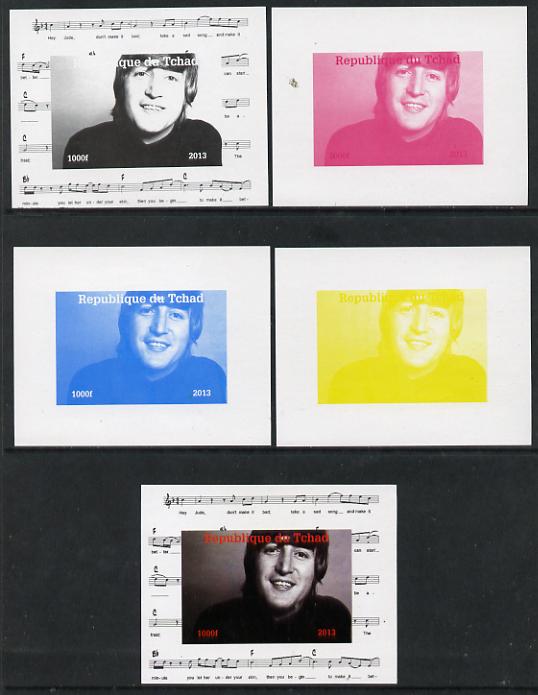 Chad 2013 The Beatles - John Lennon #3 individual deluxe sheetlet - the set of 5 imperf progressive colour proofs comprising the 4 basic colours plus all 4-colour composite unmounted mint, stamps on , stamps on  stamps on personalities, stamps on  stamps on beatles, stamps on  stamps on pops, stamps on  stamps on music, stamps on  stamps on rock