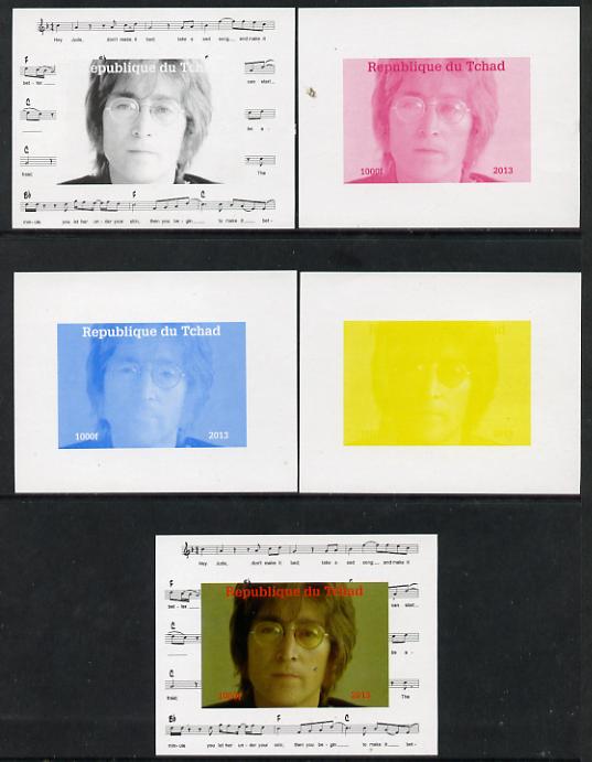 Chad 2013 The Beatles - John Lennon #4 individual deluxe sheetlet - the set of 5 imperf progressive colour proofs comprising the 4 basic colours plus all 4-colour composite unmounted mint, stamps on personalities, stamps on beatles, stamps on pops, stamps on music, stamps on rock