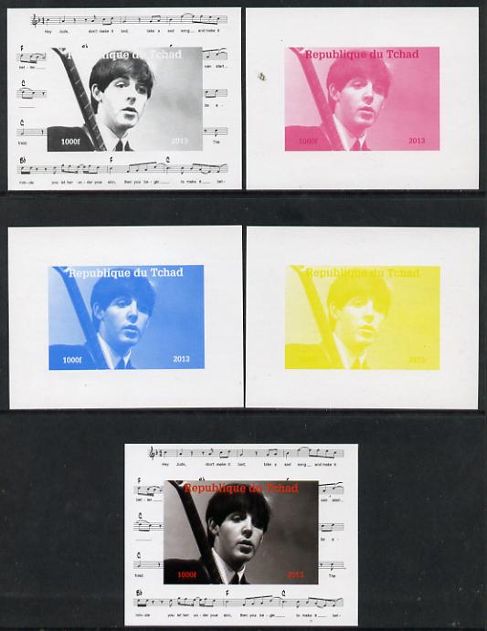 Chad 2013 The Beatles - Paul McCartney #2 individual deluxe sheetlet - the set of 5 imperf progressive colour proofs comprising the 4 basic colours plus all 4-colour composite unmounted mint, stamps on , stamps on  stamps on personalities, stamps on  stamps on beatles, stamps on  stamps on pops, stamps on  stamps on music, stamps on  stamps on rock