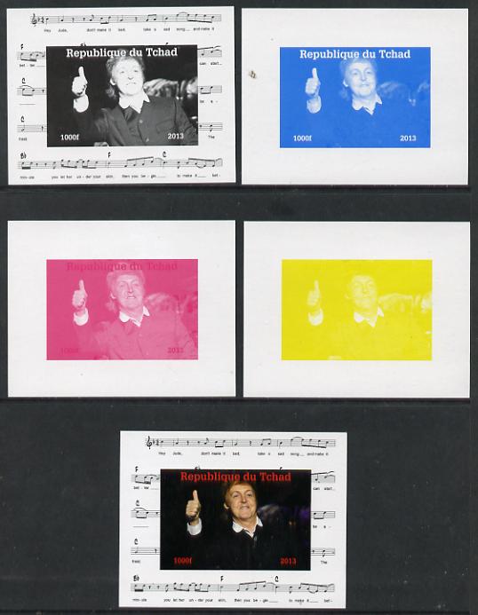 Chad 2013 The Beatles - Paul McCartney #4 individual deluxe sheetlet - the set of 5 imperf progressive colour proofs comprising the 4 basic colours plus all 4-colour composite unmounted mint, stamps on , stamps on  stamps on personalities, stamps on  stamps on beatles, stamps on  stamps on pops, stamps on  stamps on music, stamps on  stamps on rock