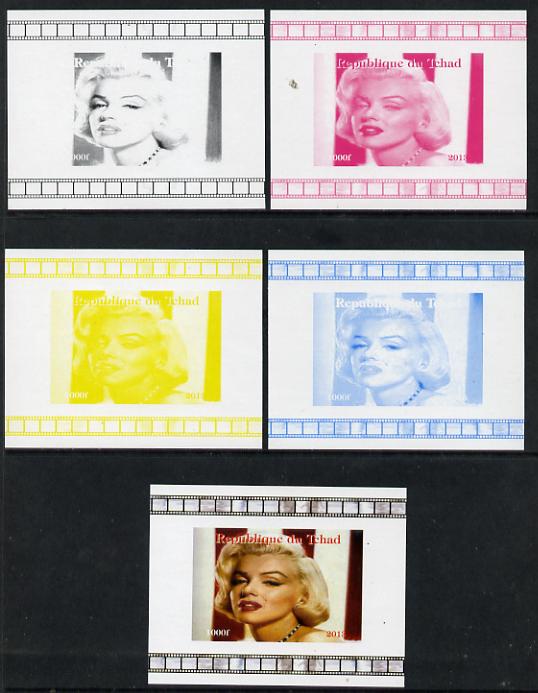 Chad 2013 Marilyn Monroe #5 individual deluxe sheetlet - the set of 5 imperf progressive colour proofs comprising the 4 basic colours plus all 4-colour composite unmounted mint, stamps on , stamps on  stamps on personalities, stamps on  stamps on films, stamps on  stamps on cinema, stamps on  stamps on movies, stamps on  stamps on music, stamps on  stamps on marilyn, stamps on  stamps on monroe