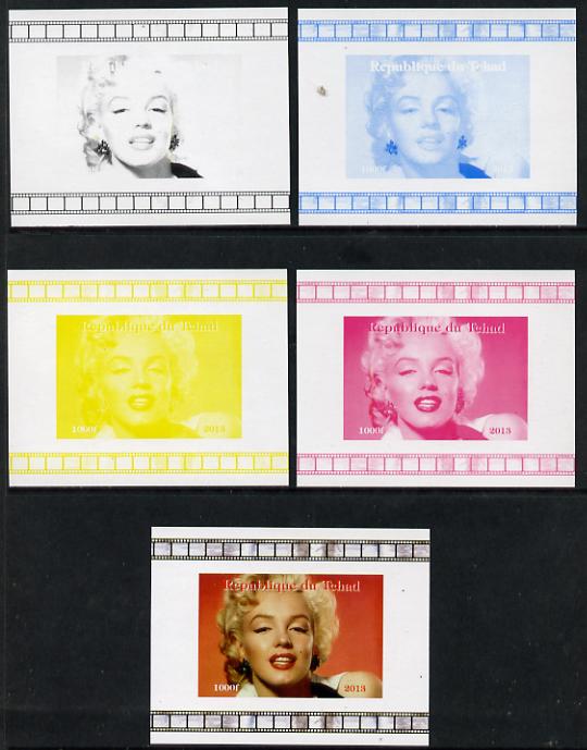 Chad 2013 Marilyn Monroe #6 individual deluxe sheetlet - the set of 5 imperf progressive colour proofs comprising the 4 basic colours plus all 4-colour composite unmounte..., stamps on personalities, stamps on films, stamps on cinema, stamps on movies, stamps on music, stamps on marilyn, stamps on monroe