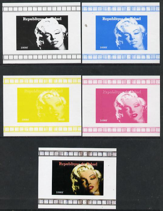 Chad 2013 Marilyn Monroe #7 individual deluxe sheetlet - the set of 5 imperf progressive colour proofs comprising the 4 basic colours plus all 4-colour composite unmounte..., stamps on personalities, stamps on films, stamps on cinema, stamps on movies, stamps on music, stamps on marilyn, stamps on monroe