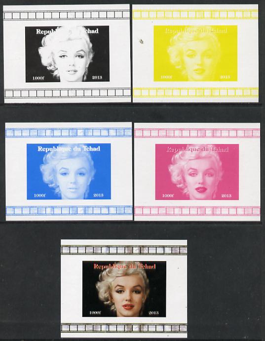 Chad 2013 Marilyn Monroe #8 individual deluxe sheetlet - the set of 5 imperf progressive colour proofs comprising the 4 basic colours plus all 4-colour composite unmounted mint, stamps on , stamps on  stamps on personalities, stamps on  stamps on films, stamps on  stamps on cinema, stamps on  stamps on movies, stamps on  stamps on music, stamps on  stamps on marilyn, stamps on  stamps on monroe