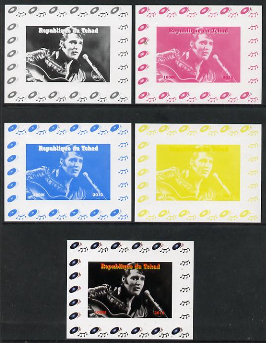 Chad 2013 Elvis Presley #01 individual deluxe sheetlet - the set of 5 imperf progressive colour proofs comprising the 4 basic colours plus all 4-colour composite unmounted mint, stamps on personalities, stamps on elvis, stamps on pops, stamps on music, stamps on rock, stamps on films, stamps on movies, stamps on cinema