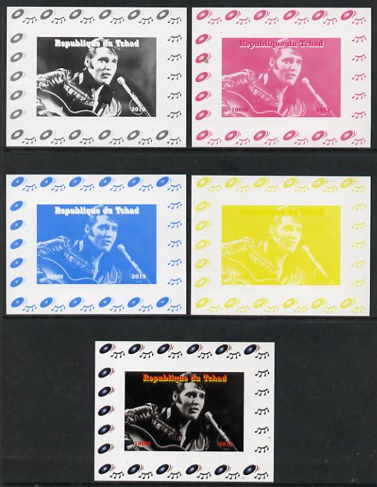 Chad 2013 Elvis Presley #01 individual deluxe sheetlet - the set of 5 imperf progressive colour proofs comprising the 4 basic colours plus all 4-colour composite unmounte..., stamps on personalities, stamps on elvis, stamps on pops, stamps on music, stamps on rock, stamps on films, stamps on movies, stamps on cinema