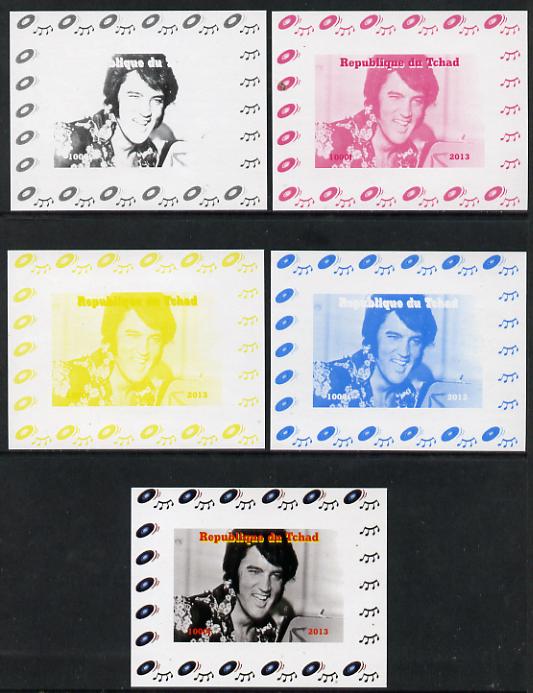 Chad 2013 Elvis Presley #02 individual deluxe sheetlet - the set of 5 imperf progressive colour proofs comprising the 4 basic colours plus all 4-colour composite unmounte..., stamps on personalities, stamps on elvis, stamps on pops, stamps on music, stamps on rock, stamps on films, stamps on movies, stamps on cinema