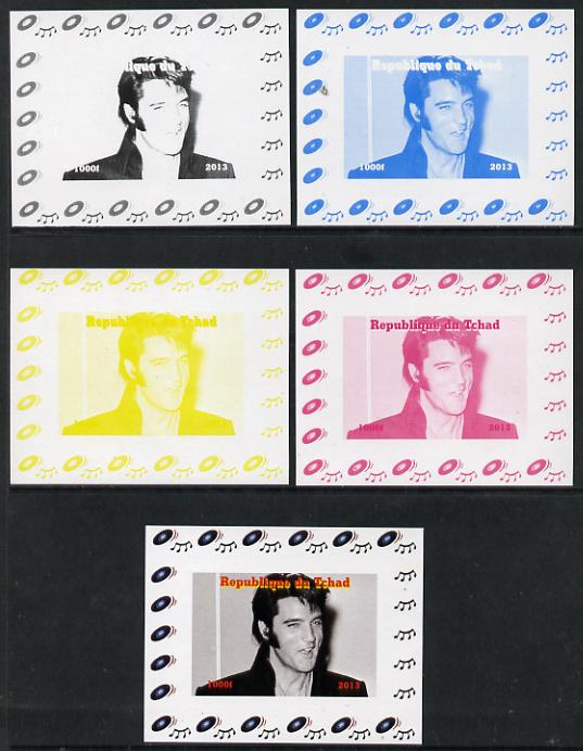 Chad 2013 Elvis Presley #03 individual deluxe sheetlet - the set of 5 imperf progressive colour proofs comprising the 4 basic colours plus all 4-colour composite unmounted mint, stamps on personalities, stamps on elvis, stamps on pops, stamps on music, stamps on rock, stamps on films, stamps on movies, stamps on cinema