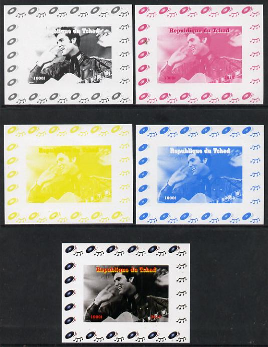 Chad 2013 Elvis Presley #04 individual deluxe sheetlet - the set of 5 imperf progressive colour proofs comprising the 4 basic colours plus all 4-colour composite unmounte..., stamps on personalities, stamps on elvis, stamps on pops, stamps on music, stamps on rock, stamps on films, stamps on movies, stamps on cinema