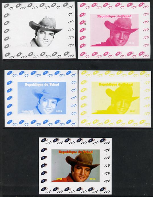 Chad 2013 Elvis Presley #09 individual deluxe sheetlet - the set of 5 imperf progressive colour proofs comprising the 4 basic colours plus all 4-colour composite unmounted mint, stamps on personalities, stamps on elvis, stamps on pops, stamps on music, stamps on rock, stamps on films, stamps on movies, stamps on cinema