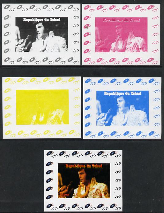 Chad 2013 Elvis Presley #12 individual deluxe sheetlet - the set of 5 imperf progressive colour proofs comprising the 4 basic colours plus all 4-colour composite unmounte..., stamps on personalities, stamps on elvis, stamps on pops, stamps on music, stamps on rock, stamps on films, stamps on movies, stamps on cinema