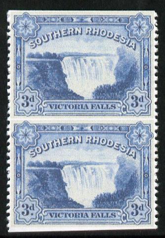 Southern Rhodesia 1932 KG5 Victoria Falls 3d deep ultramarine vertical pair with horizontal perfs omitted  'Maryland' unused forgery, as SG 30a - the word Forgery is printed on the back and comes on a presentation card with descriptive notes, stamps on , stamps on  stamps on maryland, stamps on  stamps on forgery, stamps on  stamps on forgeries, stamps on  stamps on  kg5 , stamps on  stamps on waterfalls