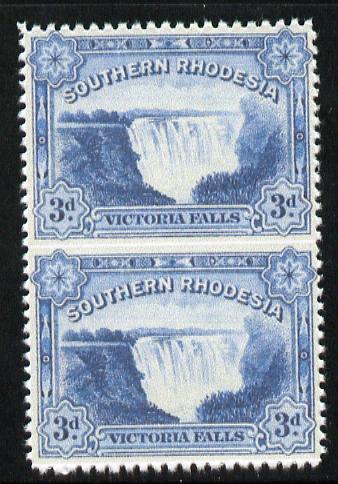 Southern Rhodesia 1932 KG5 Victoria Falls 3d deep ultramarine vertical pair imperf between  'Maryland' unused forgery, as SG 30b - the word Forgery is printed on the back and comes on a presentation card with descriptive notes, stamps on , stamps on  stamps on maryland, stamps on  stamps on forgery, stamps on  stamps on forgeries, stamps on  stamps on  kg5 , stamps on  stamps on waterfalls