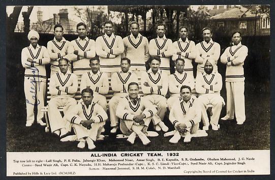 Postcard - Black & white unused card depicting the All India Cricket Team of 1932 with Signature of lall Singh, very fine, stamps on cricket