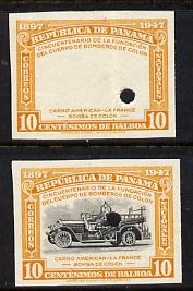 Panama 1948 50th Anniversary of Fire Brigade 10c Fire Engine imperf proofs of frame only plus composite both in issued colours and each with security punch holes, ex Wate...