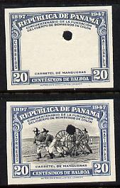 Panama 1948 50th Anniversary of Fire Brigade 20c Fire Hose imperf proofs of frame only plus composite both in issued colours and each with security punch holes, ex Waterlow & Sons single archive sheet, minor creasing, unmounted mint and extremely rare as SG 475, stamps on , stamps on  stamps on fire