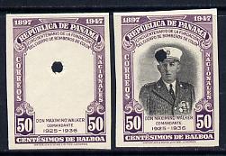 Panama 1948 50th Anniversary of Fire Brigade 50c Commander Walker imperf proofs of frame only plus composite both in issued colours and each with security punch holes, ex...