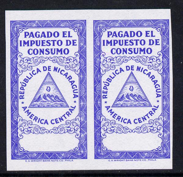 Nicaragua Pagado el Impuesto de Consumo imperf proof pair of frame only in blue on ungummed paper, stamps on , stamps on  stamps on nicaragua pagado el impuesto de consumo imperf proof pair of frame only in blue on ungummed paper