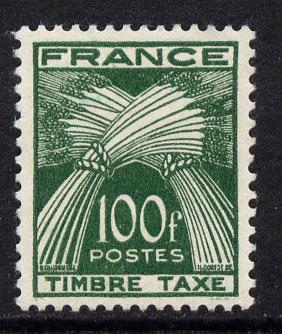 France 1946 Postage Dues 100f green mounted mint, SG D996 , stamps on postage dues
